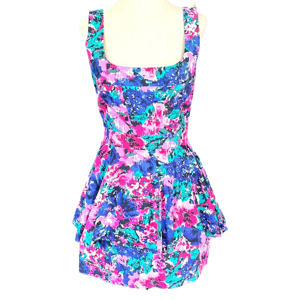 Oasis Retro 80s Peplum Bright Colorful Floral Cotton Dress Size Small